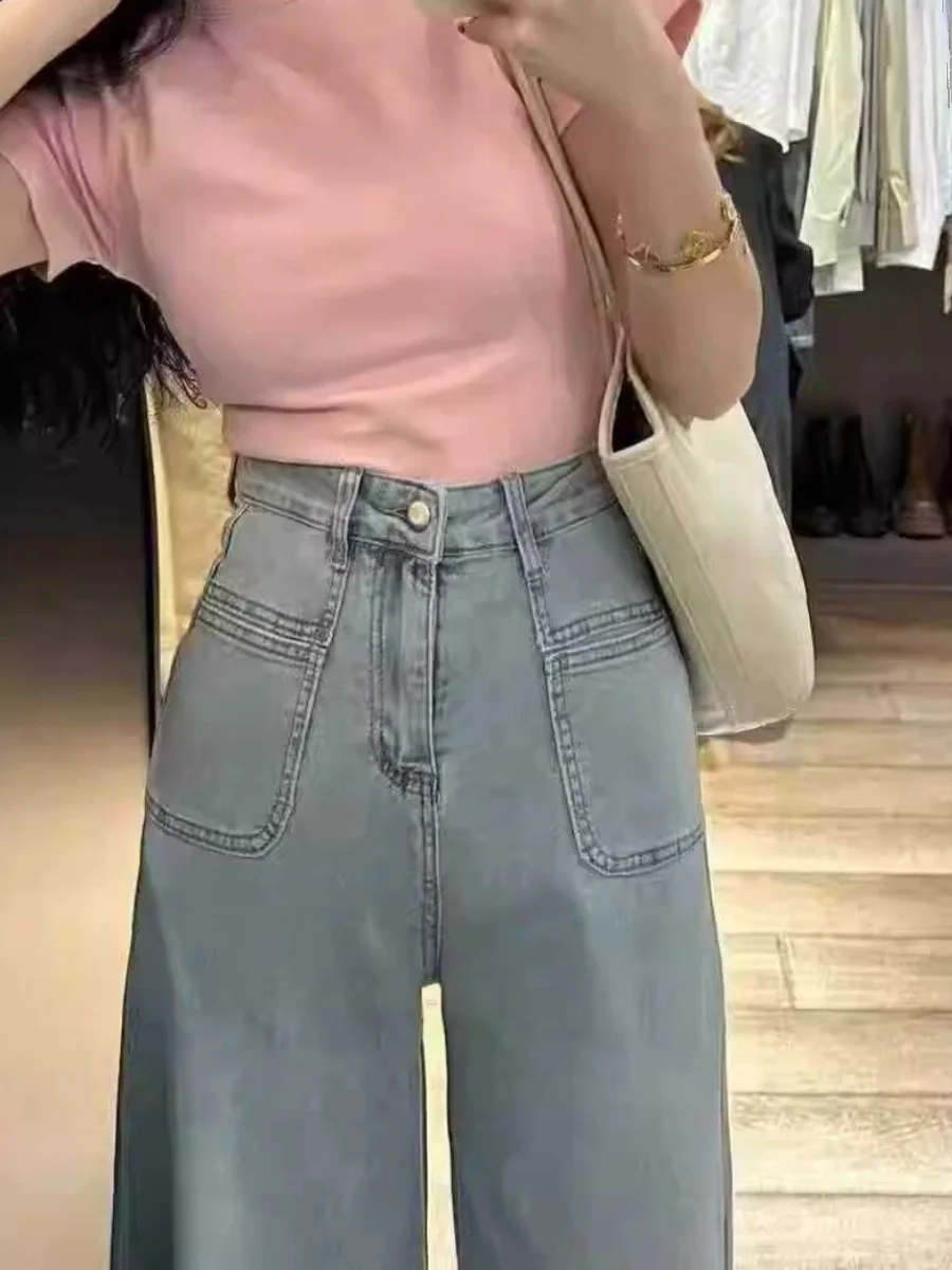 

Широкие джинсы с высокой талией, женские летние новые корейские универсальные драпированные длинные брюки прямого кроя для похудения, белые джинсовые брюки