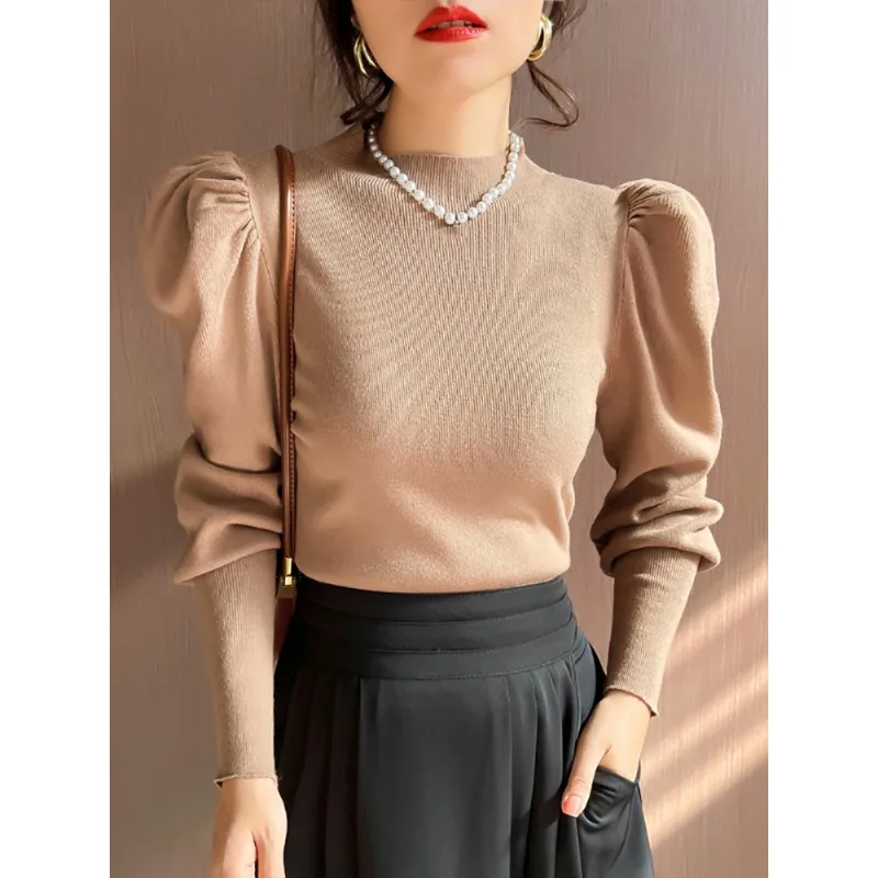 

New Autumn Solid Womens Winter Sweater Half Turtleneck Slim Fit Basic Pullovers Fashion Korean Knit Puff Sleeve Womens Sweater