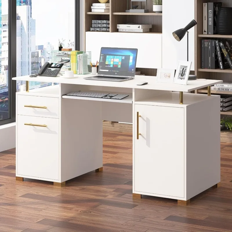 

White and Gold Desk with 2 Drawers, 55 Inch White Computer Desk with Storage File Cabinet, Executive Desk with Keyboard Tray for