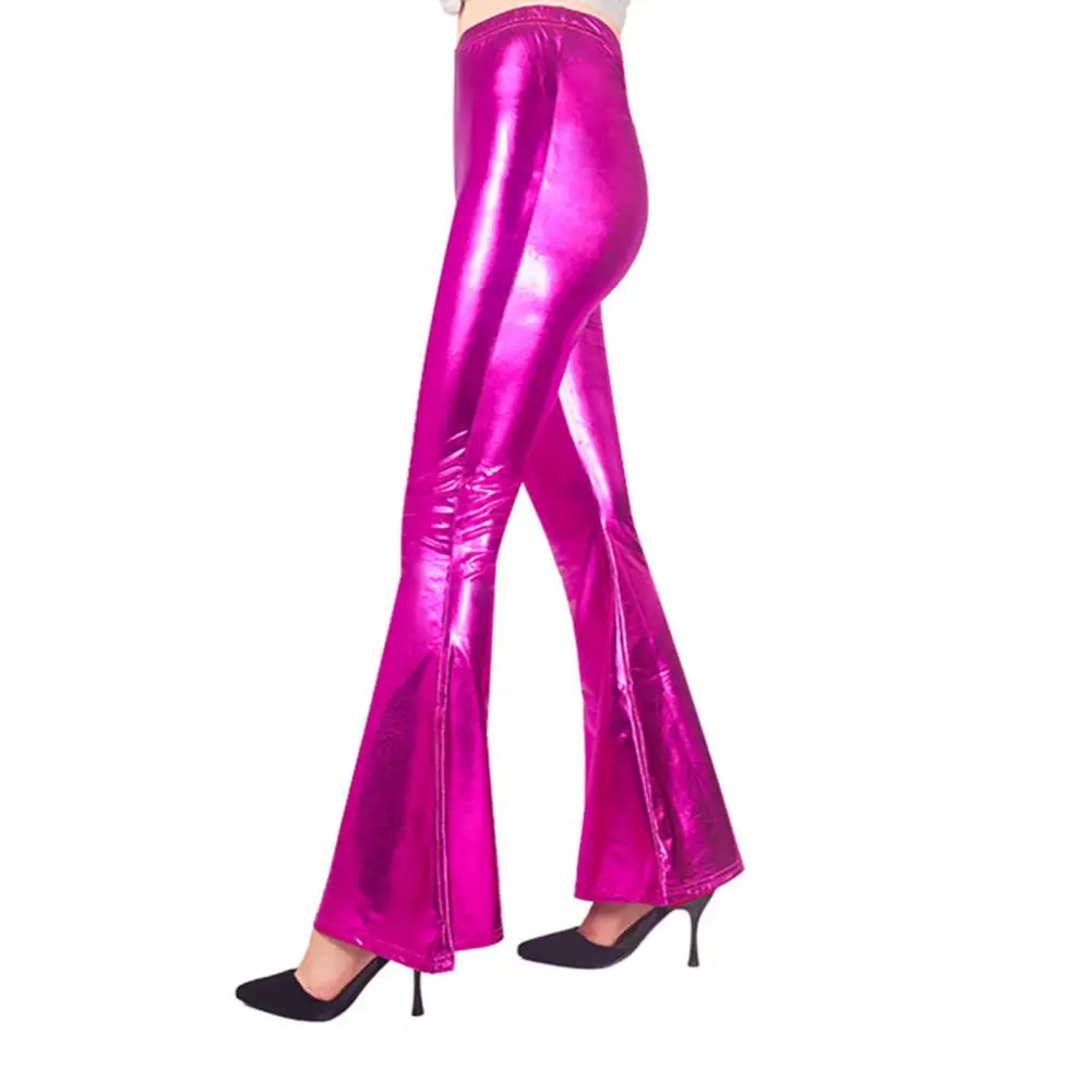 Flared Leg Women Pants Elegant Women's Flared Pants for Performances Parties Mid-rise Imitation Leather Trousers with Glossy