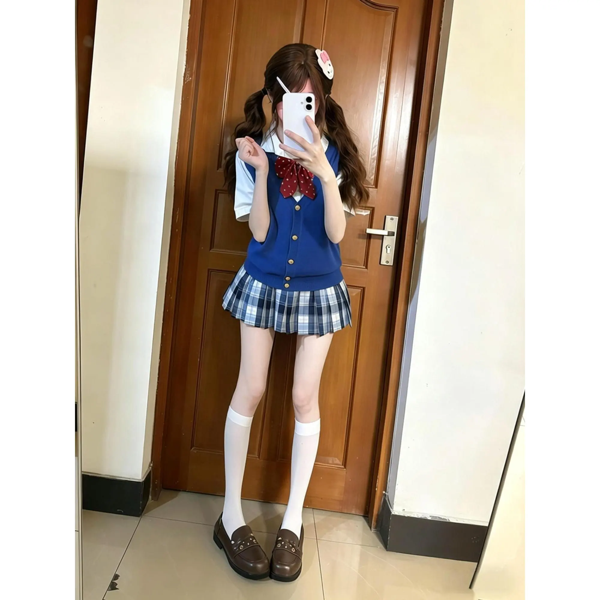 

Original JK Uniform Set New Style Baby Blue Knitted Cardigan Vest Layered Basic Short Sleeve Shirt Women's Fashion Ensemble