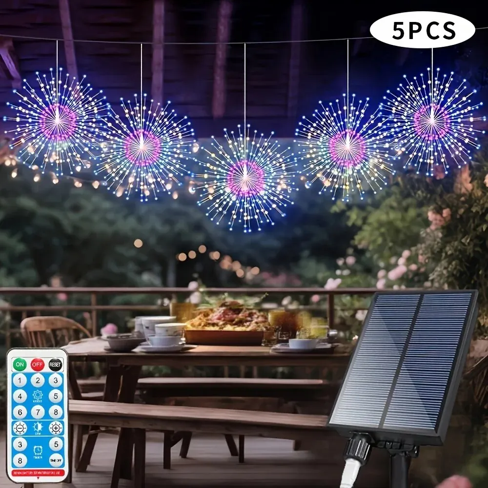5pcs 450LEDs Solar Starburst Sphere Lights, Firework Lights Remote Control Timer 8 Modes Dimmable Waterproof Hanging Fairy Light
