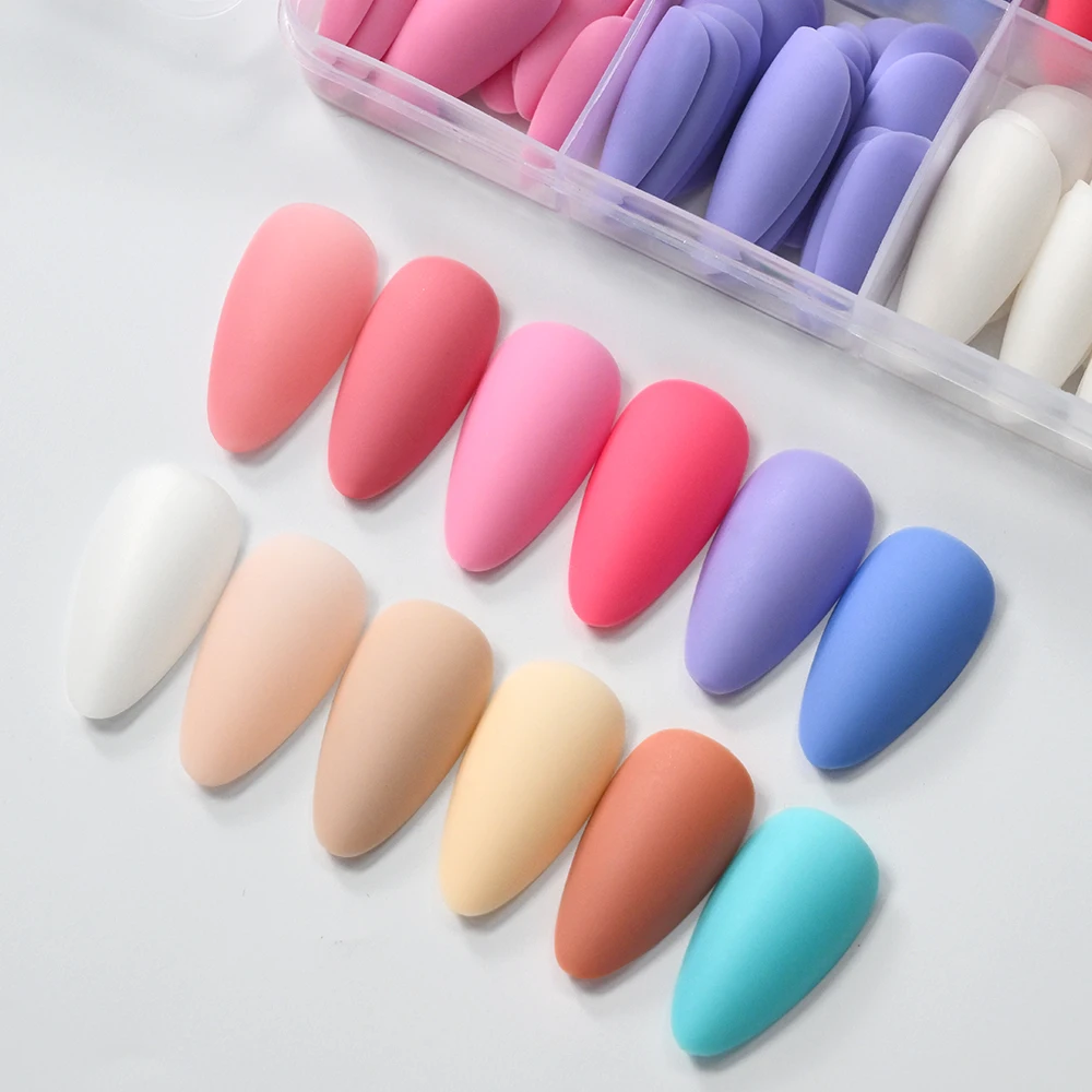 

288Pcs Frosted Dopamine Colors Almond False Nail Matte Solid Color Almond Press on Nail Mid-Length Fresh Cute Almond Fake Nail