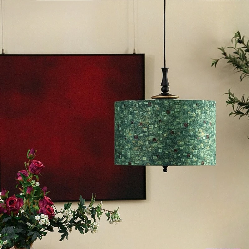 

French Vintage Rotundity Green Fabric LED Pendant Lights Wooden Hanging Lamps Living Room Bedroom Restaurant Kitchen Chandelier