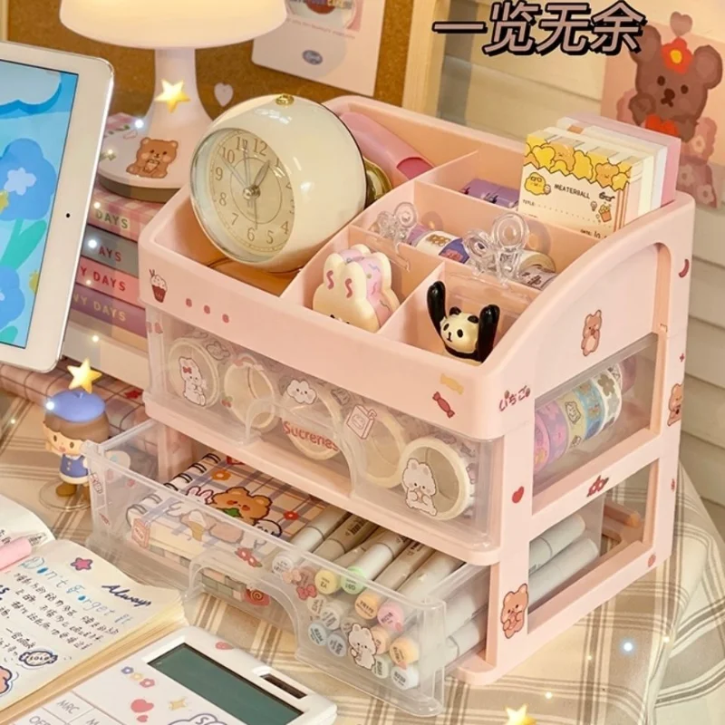 Ins Transparent Drawer Storage Box Pink Cosmetic Finishing Makeup Box Dormitory Kawaii Shelf Cute Girl Heart Desktop Organizer