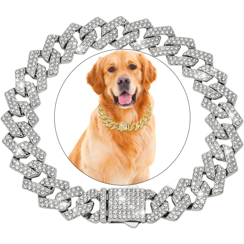 

15MM Jewelry Necklace Luxury Gold Dog Chain Collar Cuban Link Diamond Pet Chains Collars Pet Accessory for Dog Cat Puppy