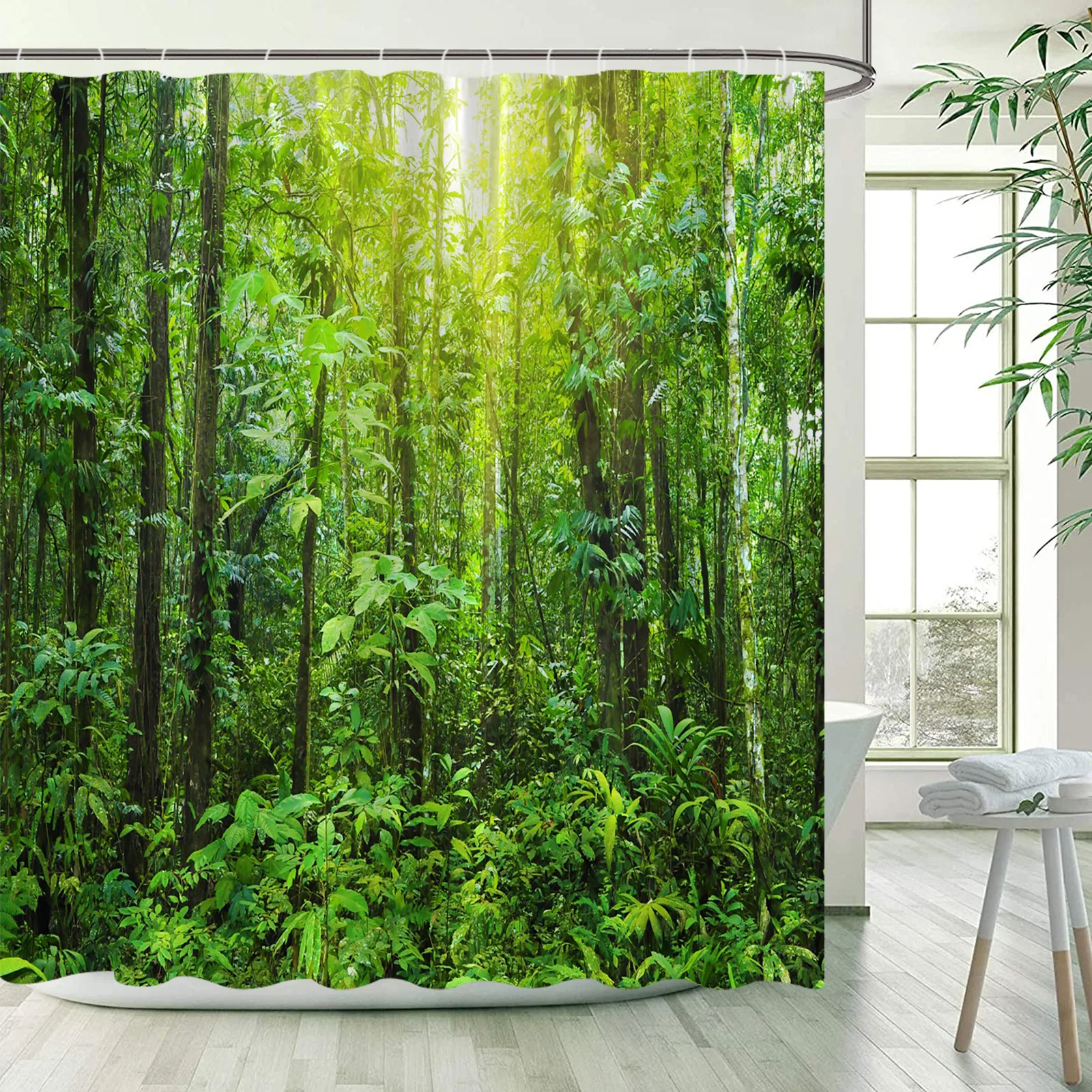 Juego de cortinas de ducha de plantas de selva Tropical verde, palmera, bosque, hojas de Monstera, paisaje natural, tela, decoración de baño con