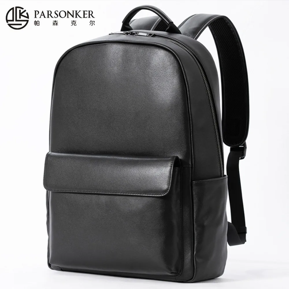 Simple Men's Genuine Leather High-Quality Travel Backpack with 15.6-inch Laptop Capacity, Waterproof School Bag