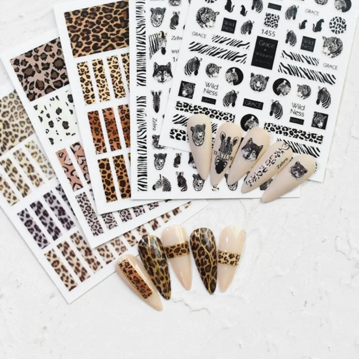 Pegatinas de uñas con estampado de leopardo, calcomanías de decoración de uñas, diseño de leopardo, lobo, tigre, rayas 3D, Popular, Otoño e Invierno