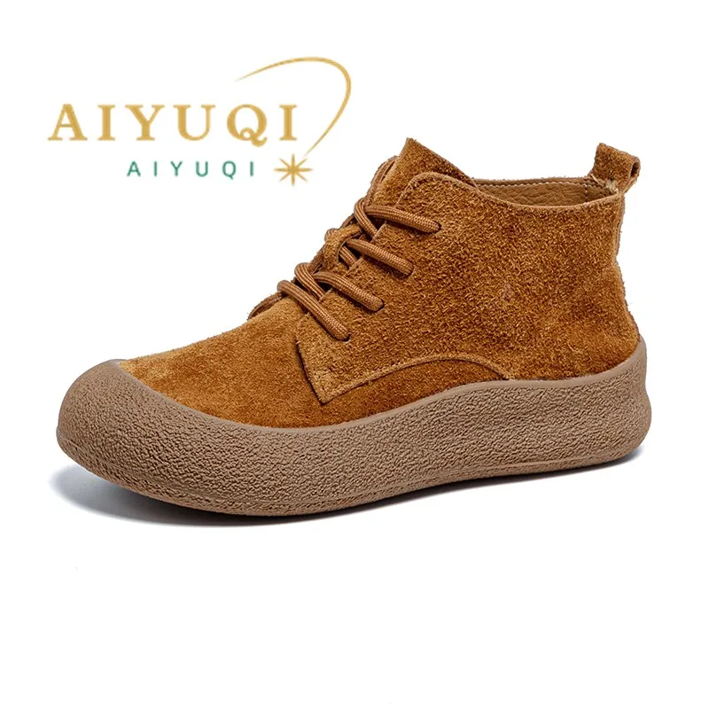 

Ankle Boots Women Genuine Leather Round Toe Casual Lace-up Flat Winter Boots Women Anti-slip Large Size Fur Short Boots Women
