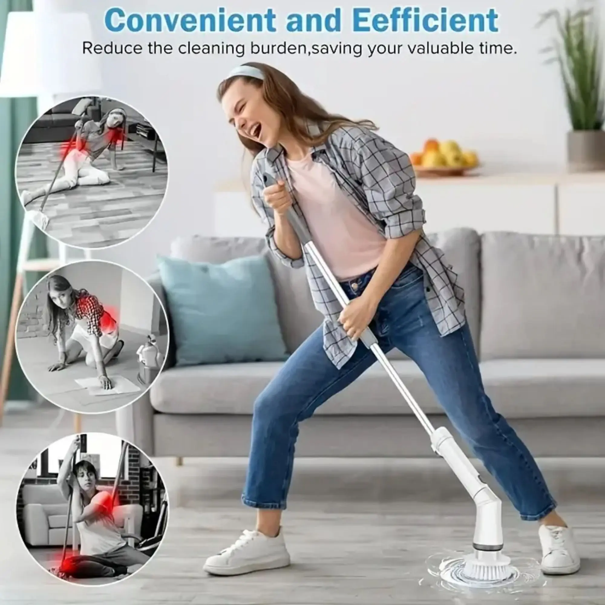 1Set Electric Cleaning Brush,USB-C Charging Line Spin Scrubber,Long With 6 Replaceable Brush Heads, Floor Bathroom Scrubber