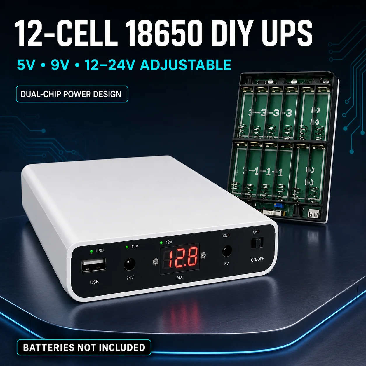 3S4P DIY 18650 Mini UPS Battery Case Dual Chip 5V3A 9V1A 12-24V Output for Router Modem CCTV No Battery