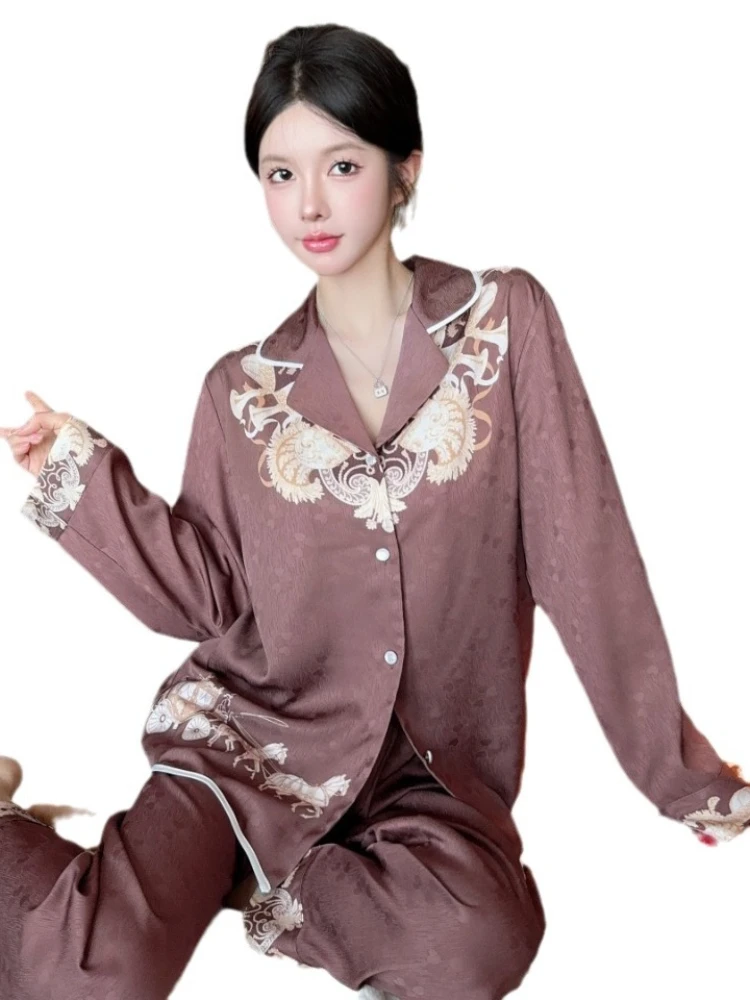 2024 Spring New Ice Silk Pajamas Women\'s Retro Chinese Style Long Sleeved  Long Pants 2-Piece Set Light Luxury Home Clothing