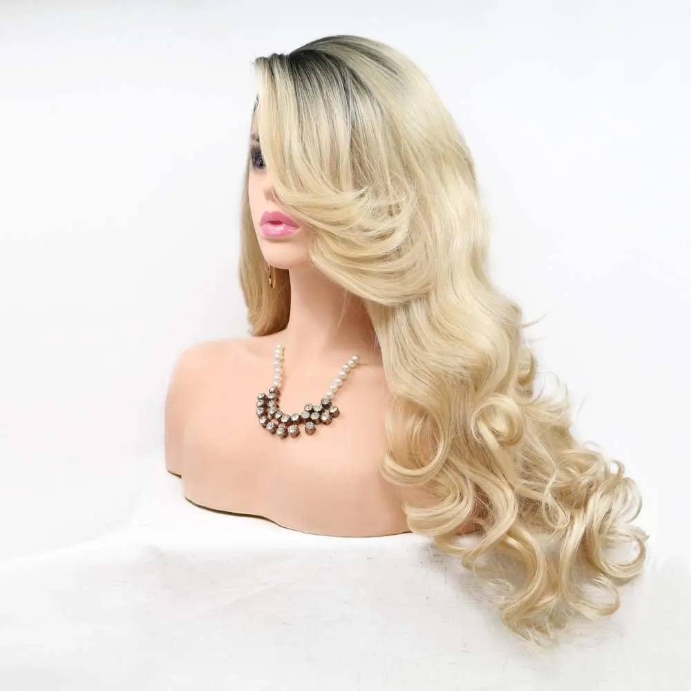 شعر مستعار طويل مموج من البلاتين أشقر بدانتيل صناعي أمامي ، شعر مستعار من ألياف مقاومة للحرارة ، مختلط #2