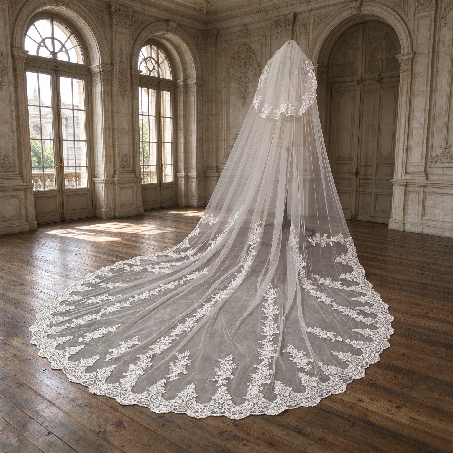 Two Tier Cathedral Wedding Veil White Ivory Ornate Lace Applique Bridal Veil Romantic Long Wedding Dress