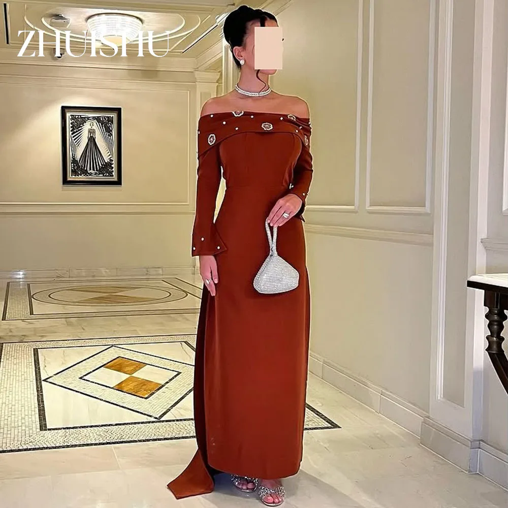 

ZHUISHU Коричневое вечернее платье с вырезом лодочкой и длинными рукавами, Саудовские платья для торжественных мероприятий, длинное платье для выпускного вечера по индивидуальному заказу с бисером