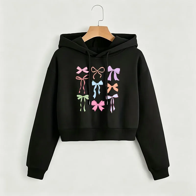 Modischer Schleifendruck Herbst Winter Crop-Sweatshirt Crop-Top Hoodie Y2k Sweatshirts Gothic Casual Style Kleidung