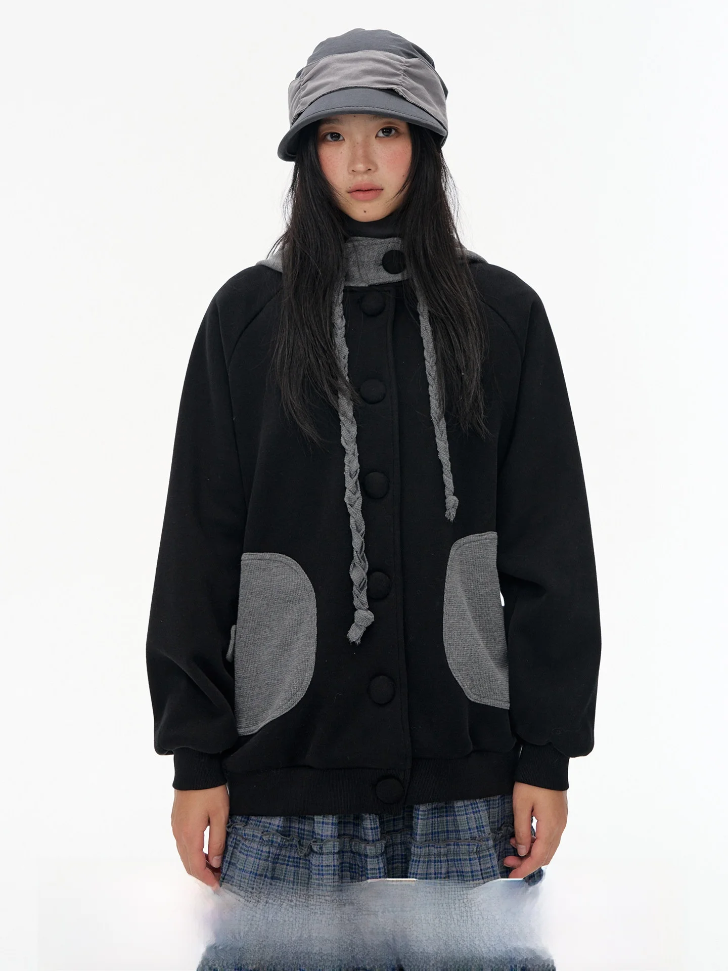 NAPSNAPS Original Hooded Open Cardigan Women's Loose Sleeveless Jacket Shoulder Insert Cotton Polyester Blend Fleece Lined