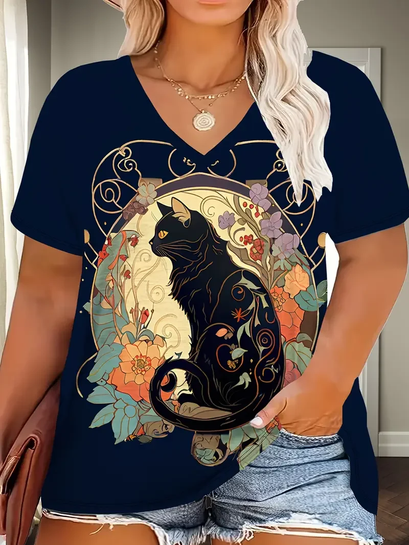 

V Neck T Shirt ，3D Cat & Floral Print, 95% Polyester 5% Spandex，Casual Summer Knit Fabric Top, Slight Stretch