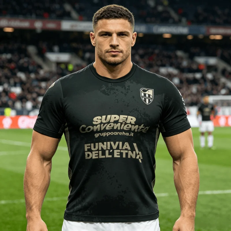Camisa de Futebol 2026 Verão Catania Branca, Vermelha e Azul (Modelo Visitante) com Patrocinador Funivia Dell'Etna - Série C Italiana para Homens, Família e Crianças