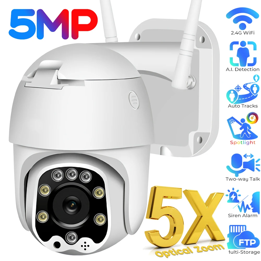 5MP 5X Optical Zoom WiFi PTZ IP Camera Outdoor Security Cameras Humanoid Detect Auto Tracking 2-Way Talk Onvif CCTV Camera Camhi