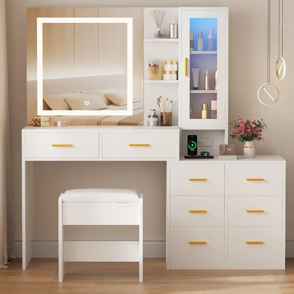 

51.8" Makeup Vanity Desk with Mirror and Lights White Vanity Table with RGB Storage 8 Drawers Power Outlet Large Dresser