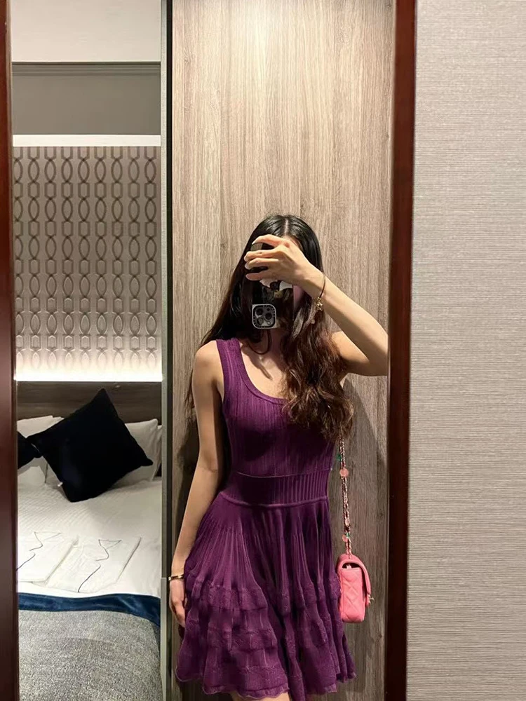 Stretch Slim Knit Sleeveless Dresses Temperament Sexy Peplum Purple Women\'s Dress 2025 Spring New