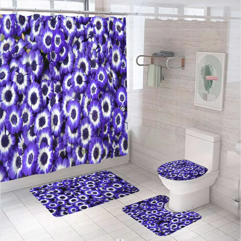 4Pcs Fantasy Purple Flowers Hot Air Balloon Shower Curtain Set Floral Girl Bathroom Curtains With Bath Mat Rug Lid Toilet Cover