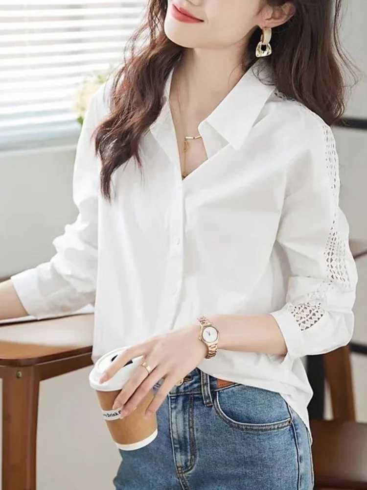 White Female Tops Commuting Lapel Women's Shirt and Blouse High Quality Aesthetic Cool Modern Long Y2k Fashion Japanese Harajuku