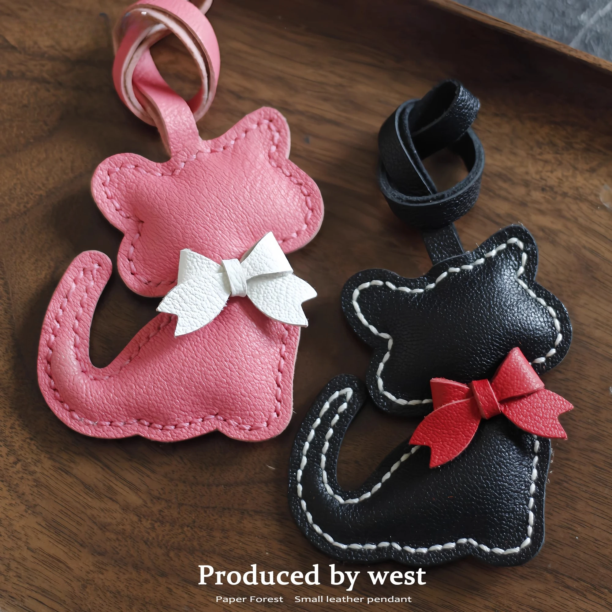 

Black cat leather bag pendant handmade lambskin backpack small accessory keychain cute gift