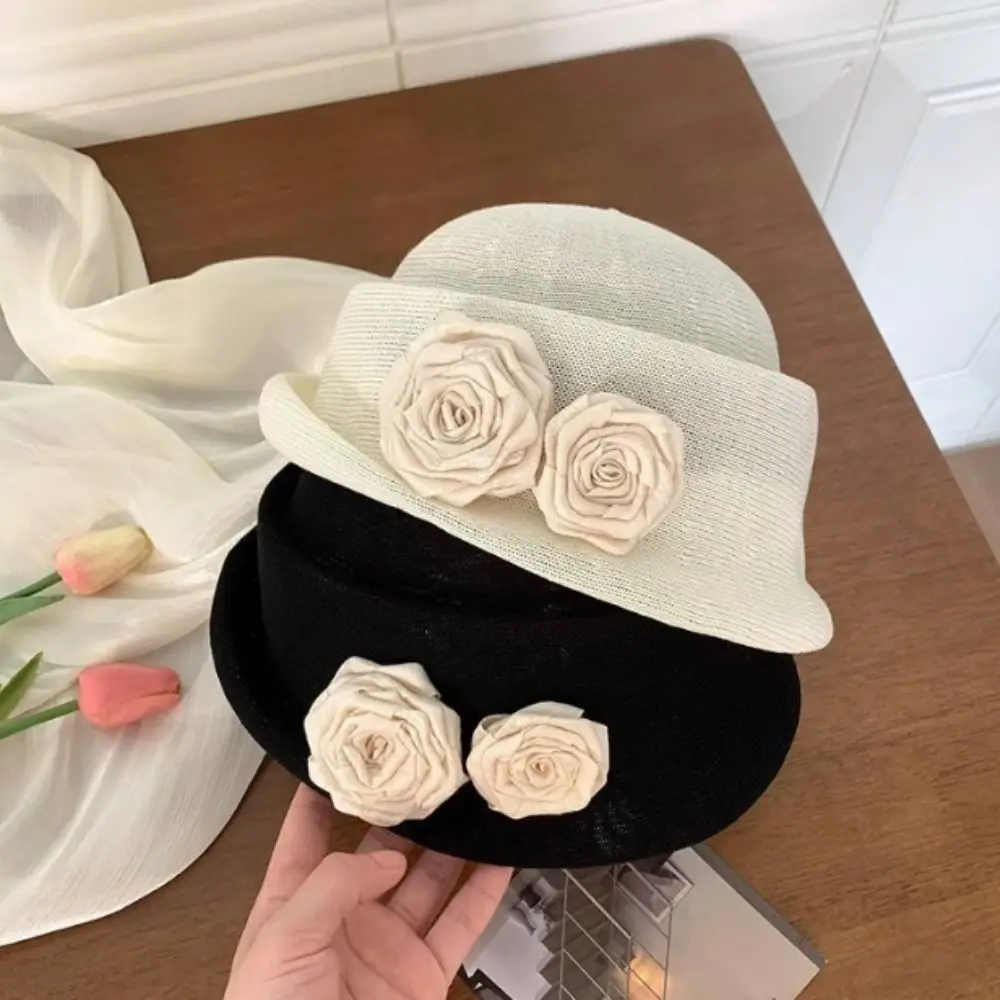 

Vintage French Style Camellia Flower Cap Elegant Hepburn Floral Bowler Hat Curl Brim British Women's Formal hat Photography
