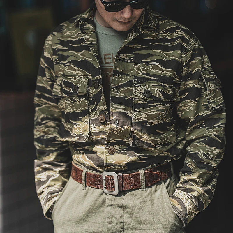 

American Retro Camouflage Workwear Shirt Men's Heavyweight Tiger Patterned Shirt Long Sleeve Winter Youth Fashion Standard Fit