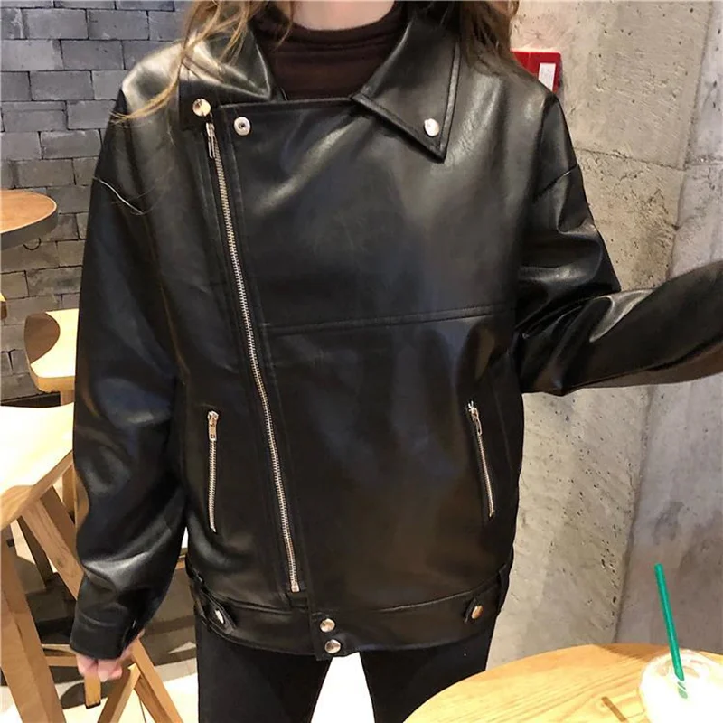 Chaquetas básicas para mujer primavera otoño estilo coreano suelto motorista cuello vuelto todo-fósforo Pu cuero moda Casual prendas de vestir femeninas