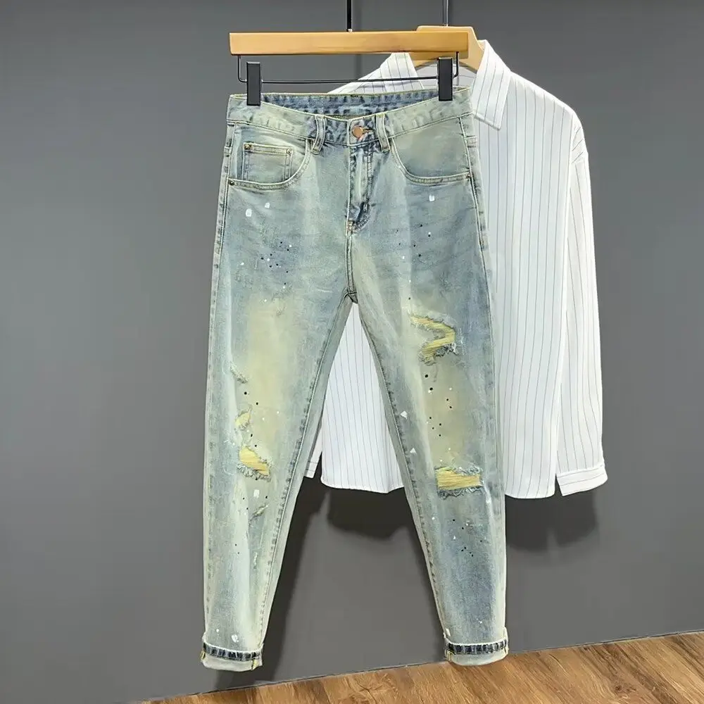 

Ripped Vintage Sle Men's Jeans Slim Fit Nine Points Korean Faion Long Pants Autumn Season Casual Cotton Stretch Denim