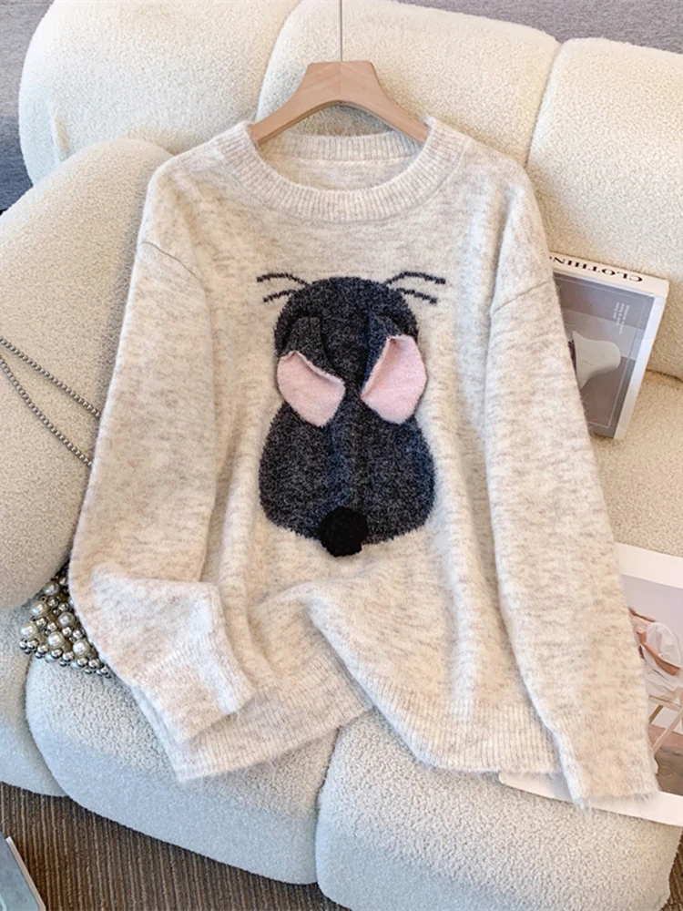 

Autumn Winter Korean Fashion Loose and Sweet Women's Knitted Sweater New Women Casual Three-Dimensional Rabbit Pullover Sweater