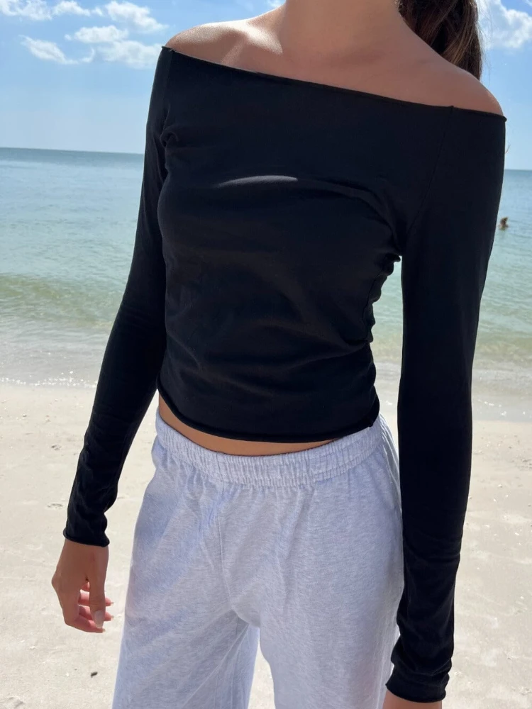 Women Sexy Off Shoulder T-shirt 2024 Summer Fashion Ladies Slim Raw Trim Shirt Chic Vintage Female Solid Long Sleeve Tees