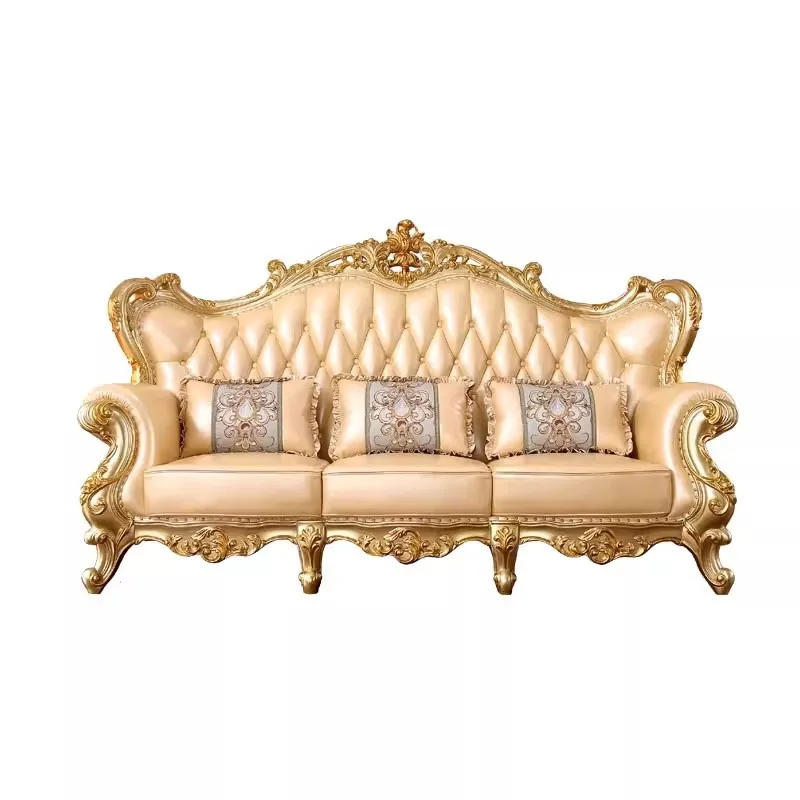 New European solid wood carving flower leather combination sofa size apartment high-end luxury