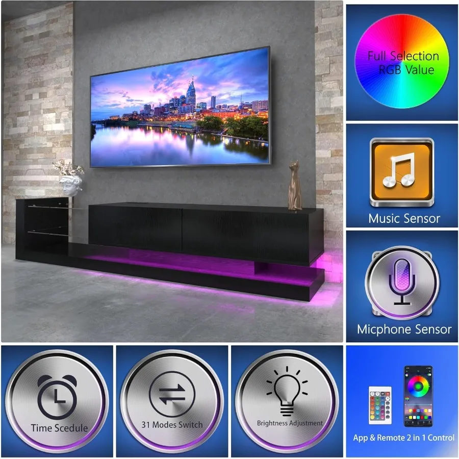 55 65 75인치 TV용 LED TV 스탠드, 강화유리가 있는 모던 엔터테인먼트 센터, 50 60 70인치 TV 콘솔 게임 미디어 콘솔