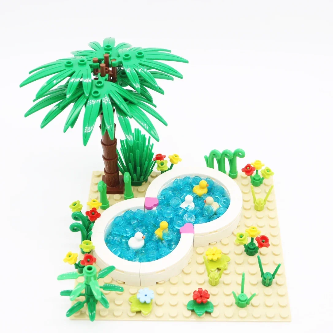 MOC Staw lotosowy z kaczkami, basen, staw Scena budowa Ogród Małe cząsteczki Klocki do budowy Zabawka Architektura miejska.