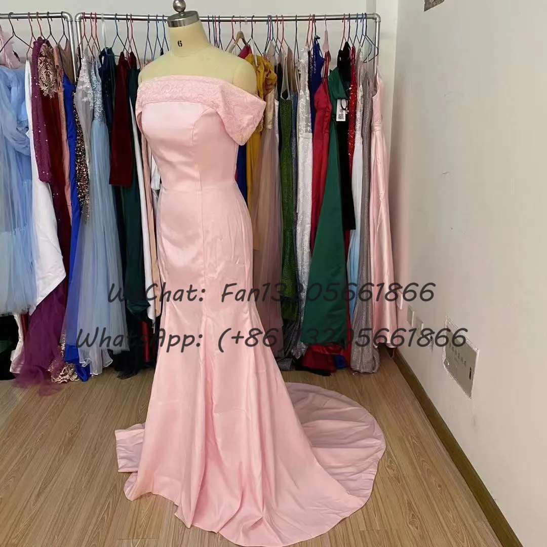 Elegant Lace Off Shoulder Bruidsmeisje Jurken Lange Mermaid Sweep Trein Roze Bruiloft Jurk Voor Afrikaanse Vrouwen Prom Gown