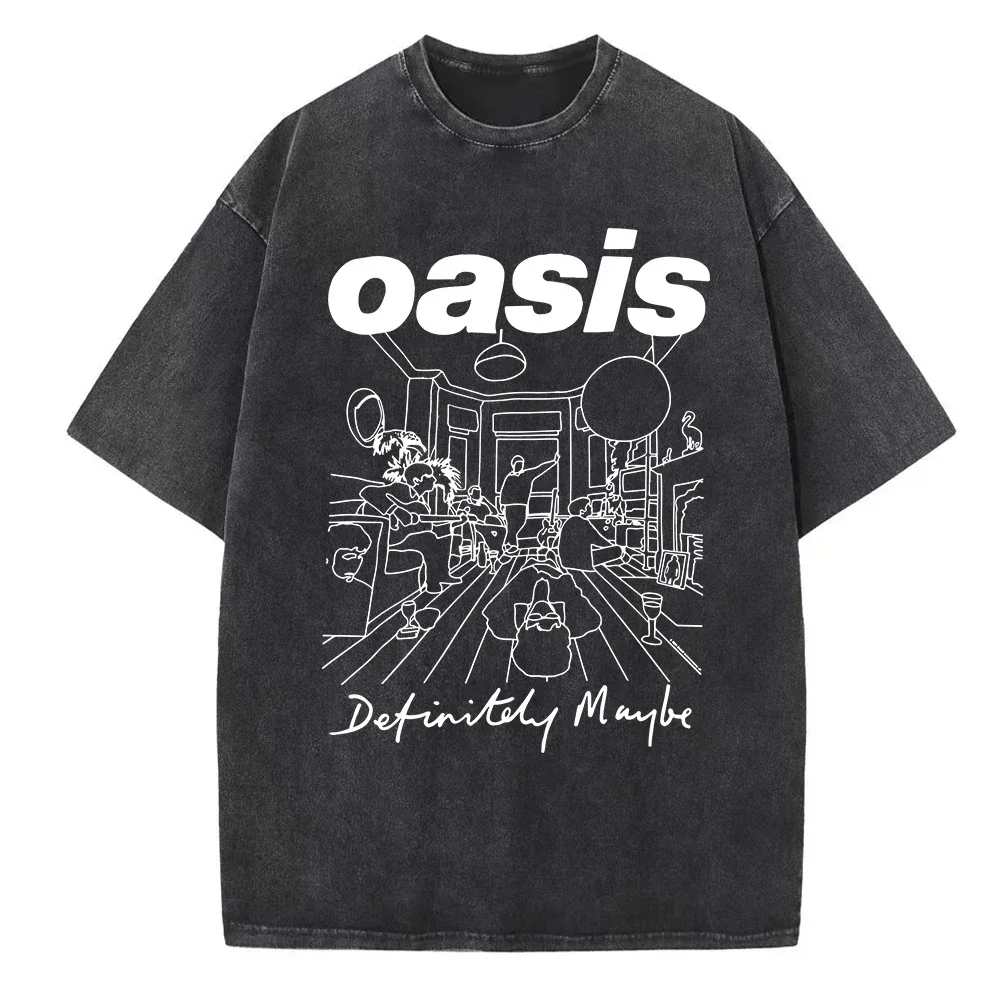 American Trend Short Sleeved Oasis Live 25 Rock Band Washed Retro T-Shirt Round Men'S Unisex Pure Cotton Oversized Loose Top