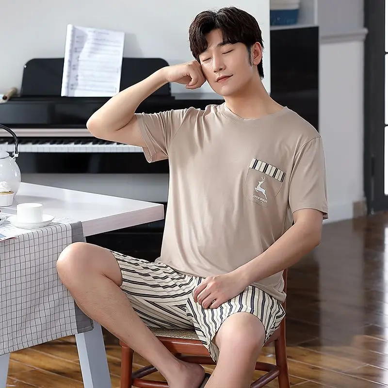 2026 Summer Short Sleeve 100% Cotton Casual Striped Pajama Sets for Men Korean Loose Sleepwear Pyjama Male Homewear Home Clothes
