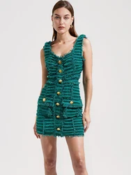 Tweed White Dark Green Tank Dress Autumn Winter 2023 New Fashion Lion Button Tassel Tweed Tank Top Strap Mini Prom Dress