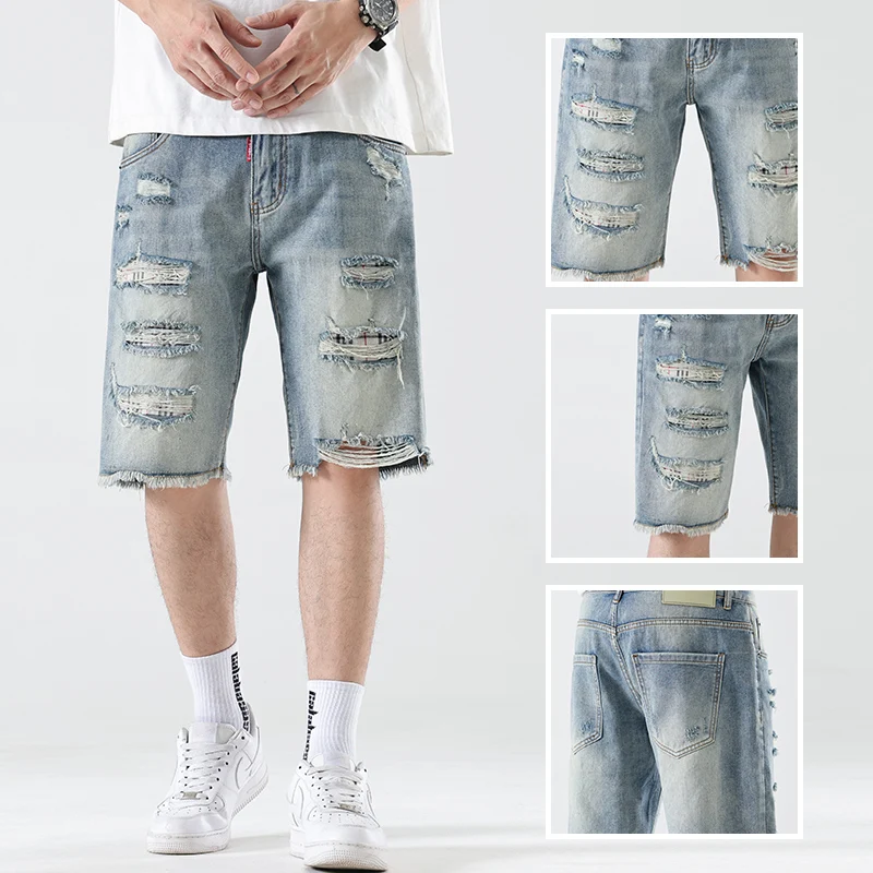 

High quality summer shorts for men ripped straight leg denim 2025 new light colored men's mid length pants short jeans for men