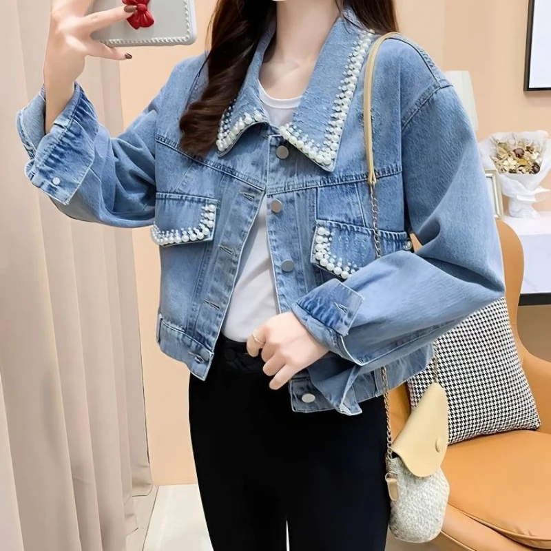 

2025 Women's Loose Fit Denim Jacket with Stud Embellishments Korean Style Blue Fashion Outerwear Trendy Casual Coat