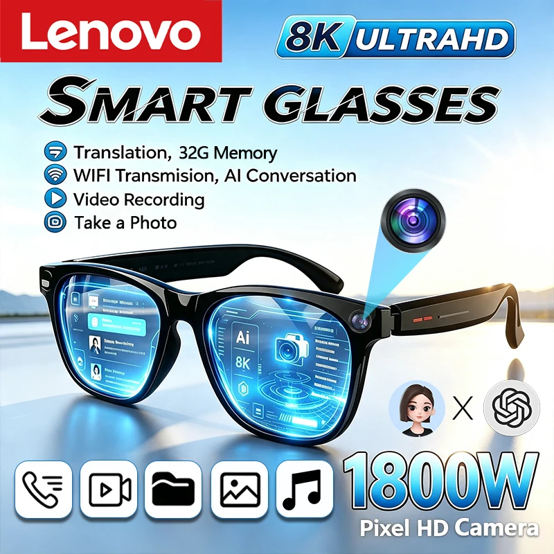 Lenovo AI Smart Glasses 8K HD Control Touch Photo Camera Recording Listen To Music Translator Voice Assistant Smart Sunglasses