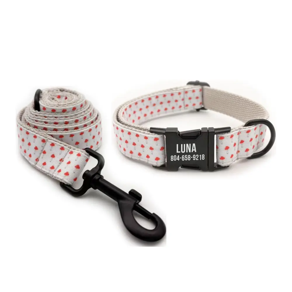 

Personalized Dog Collar with Free Engraving, Matching Pet Leash,Customzied Contacts Metal Buckle,Red Mushroom Pet Collar