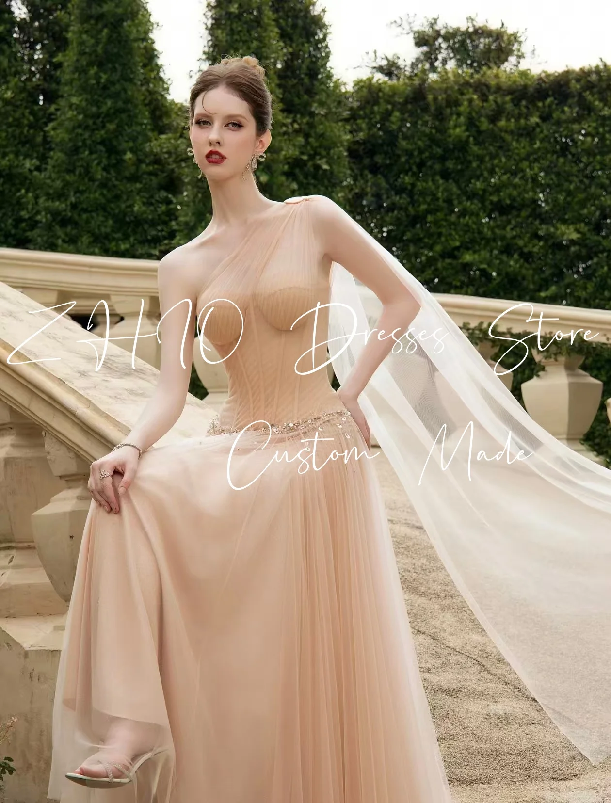 ZHIO 우아한 샴페인 튤 비즈 이브닝 드레스 원 숄더 롱 자켓 A라인 특별한 날 웨딩 파티 프롬 가운 맞춤 제작
