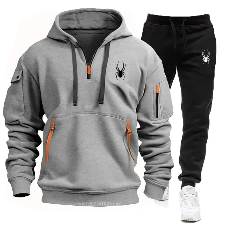 2024 new Spring and Autumn men\'s leisure fitness multi-pocket zipper hoodie + sweatpants 2-piece jogging outdoor sports suit