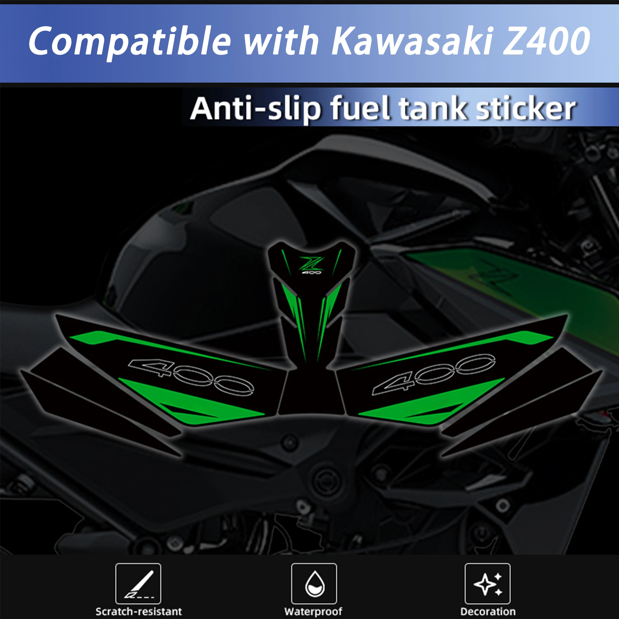 Compatible with Kawasaki Z400 Motorcycle Fishbone Tank Pad Sticker, Non‑Slip Fuel Tank Protector Decal Modified Accessory